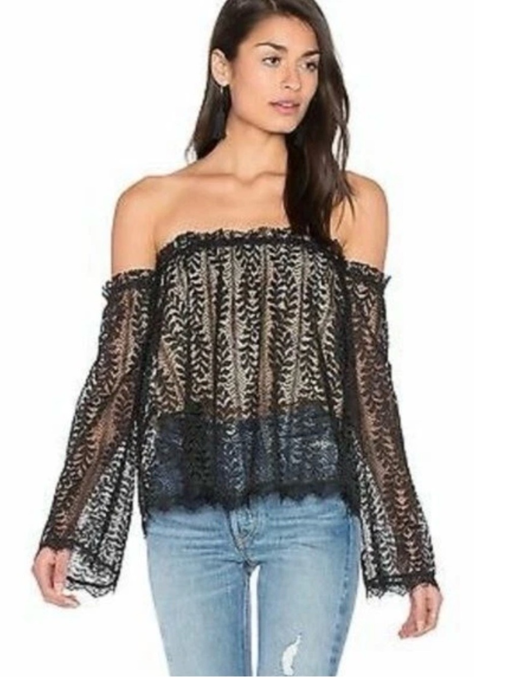 Heartloom Black Sheer Off-Shoulder Lace Blouse